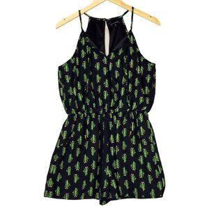 As U Wish Black Cactus V-Neck Sleeveless Pockets Keyhole Back Romper Size M